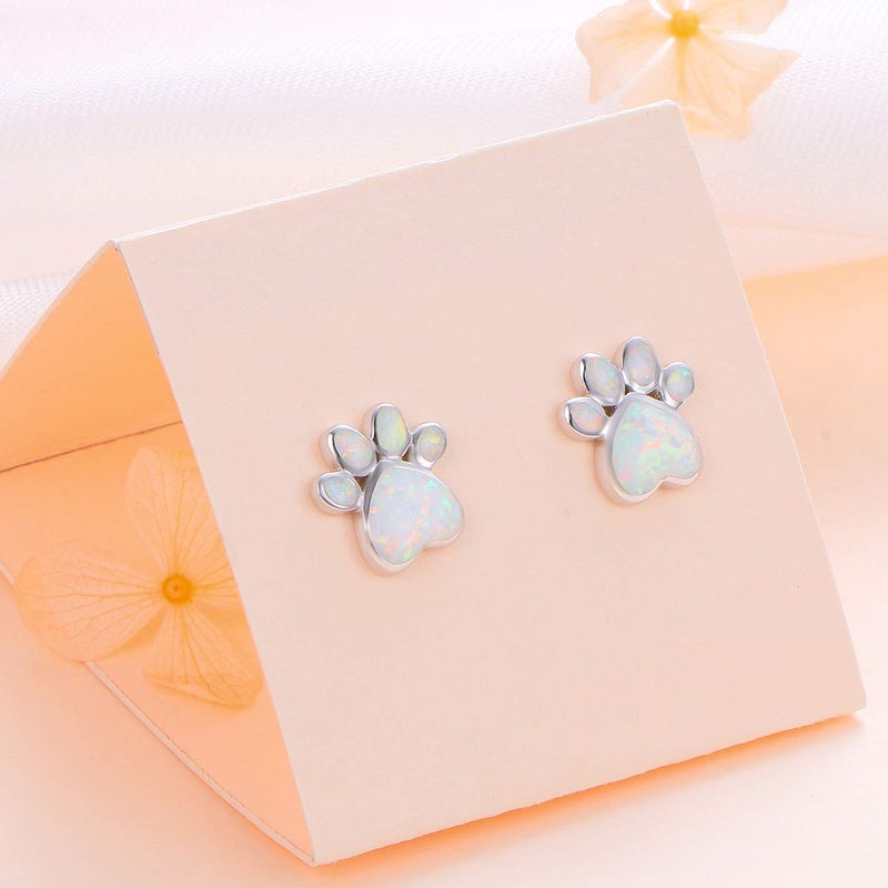 Ladytree S925 Sterling Silver Jewelry Puppy Dog Cat Pet Paw Print White Simulated Opal Stud Earrings - Image 5